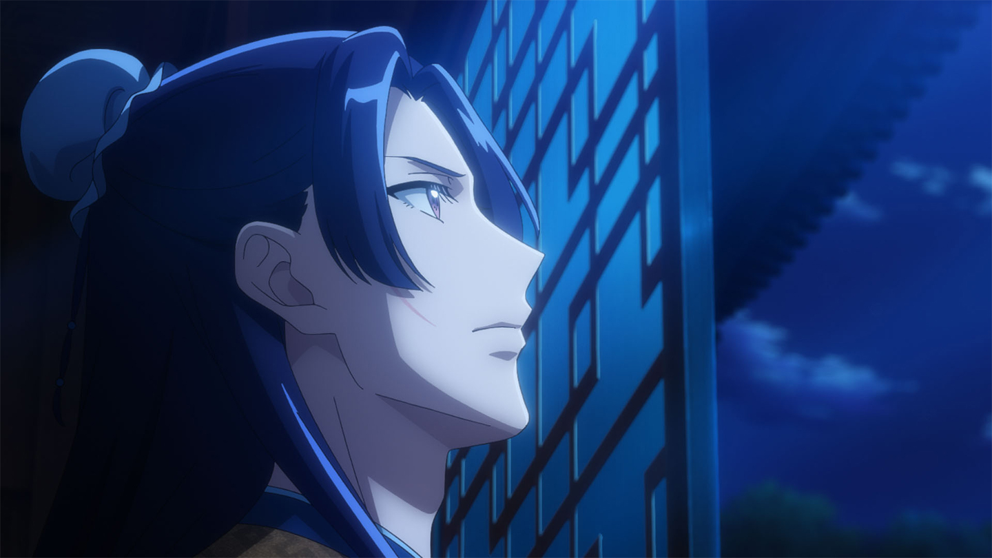 第49話「蝗」の公式場面カット。夜の窓辺にいる壬氏の横顔。