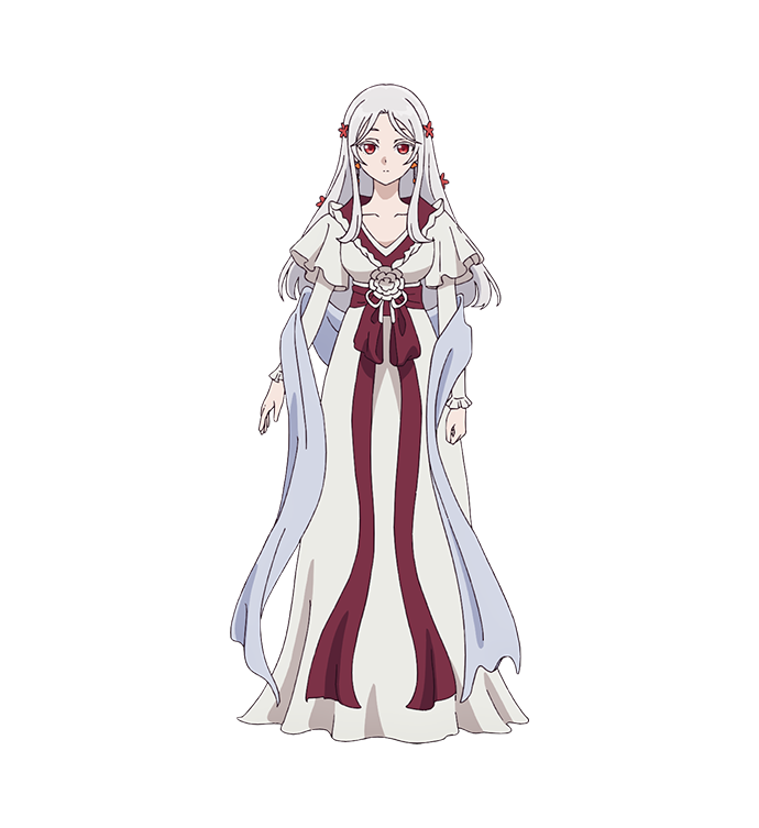 白い髪と肌、赤い瞳、白い衣装を持つ白娘々の公式キャラクター画像。